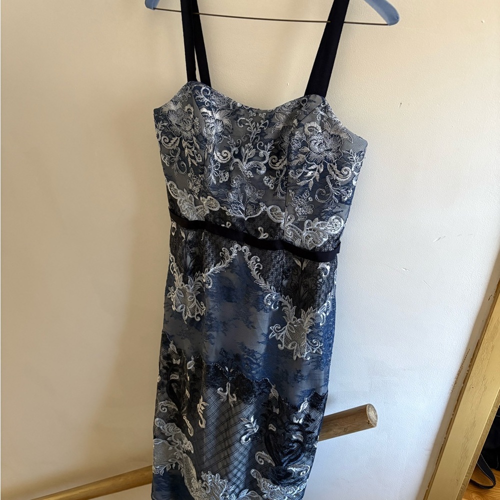Marchesa Navy and Light Blue Lace Midi Dress - Picture 7 of 9